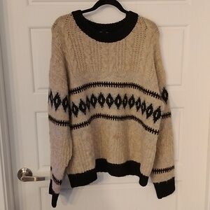 Chunky Cream Cable Knit Sweater with Black Fair Isle Trim